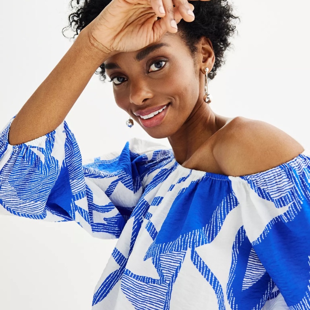 Nine West Blue/White Smocked 3/4 Sleeve Blouse Small